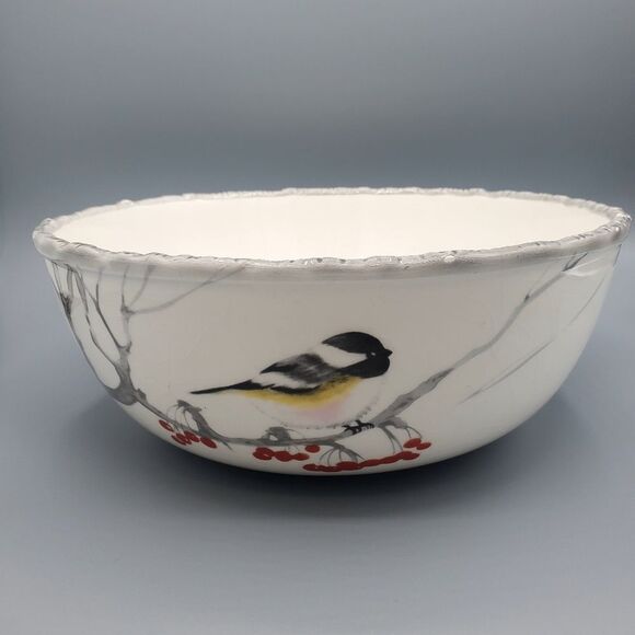 Global Design Kate Williams Winter Chickadee Gray Trim Berries 10" Veg. Bowl - Picture 8 of 9